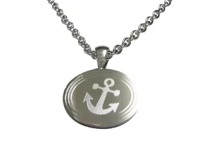 Silver Toned Etched Oval Leaning Nautical Anchor Pendant Necklace
