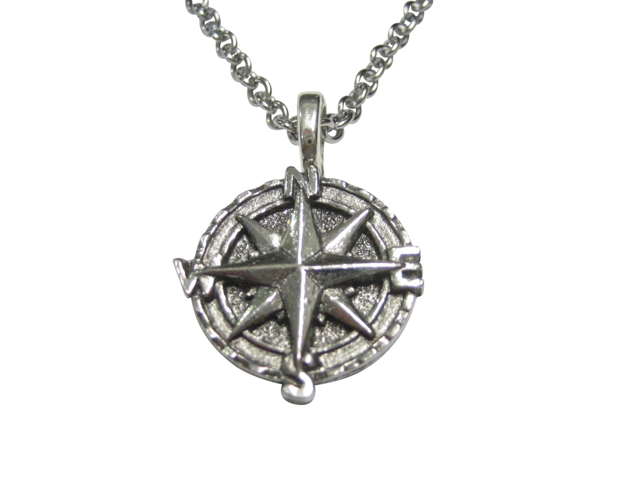 Silver Toned Textured Nautical Compass Pendant Necklace