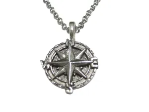 Silver Toned Textured Nautical Compass Pendant Necklace