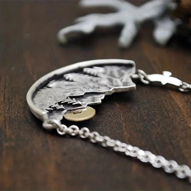 Silvery Boho Mountain Moon Shape Pendant Necklace Gothic