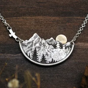 Silvery Boho Mountain Moon Shape Pendant Necklace Gothic