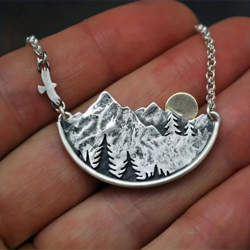 Silvery Boho Mountain Moon Shape Pendant Necklace Gothic