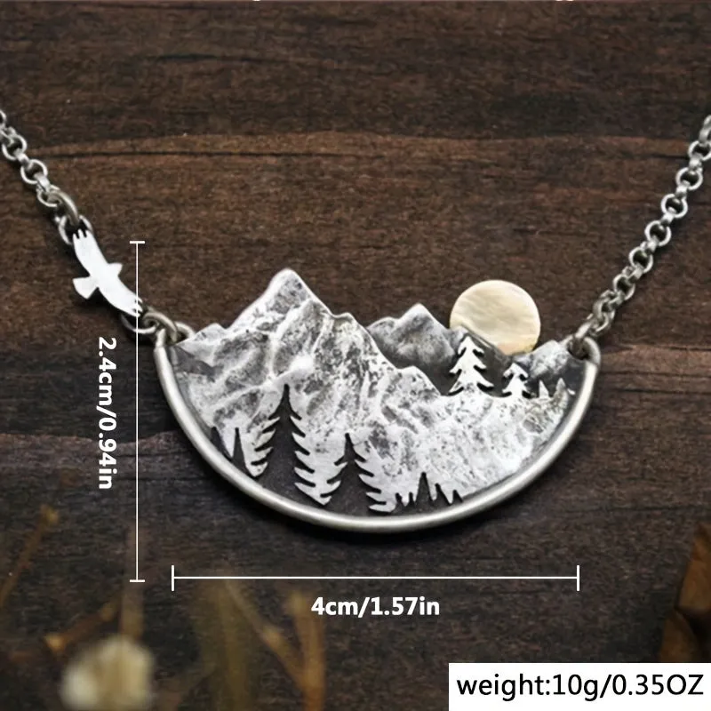 Silvery Boho Mountain Moon Shape Pendant Necklace Gothic