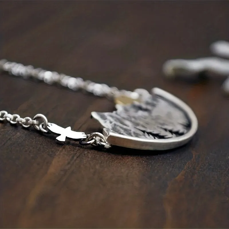Silvery Boho Mountain Moon Shape Pendant Necklace Gothic