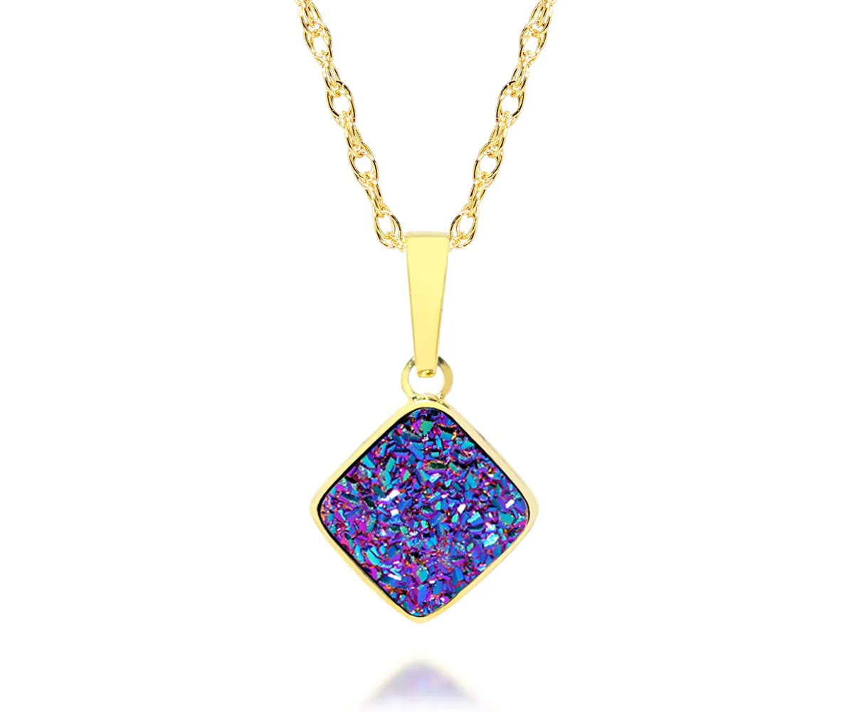 Small Diamond Purple Rainbow Druzy 14k Vermeil Necklace