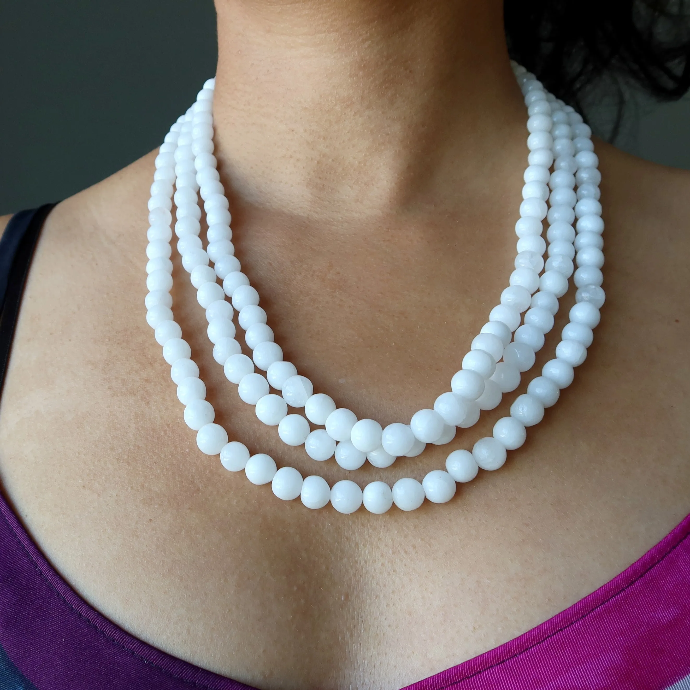 Snow Quartz Necklace Frosty Cool 3-Layer White Beads