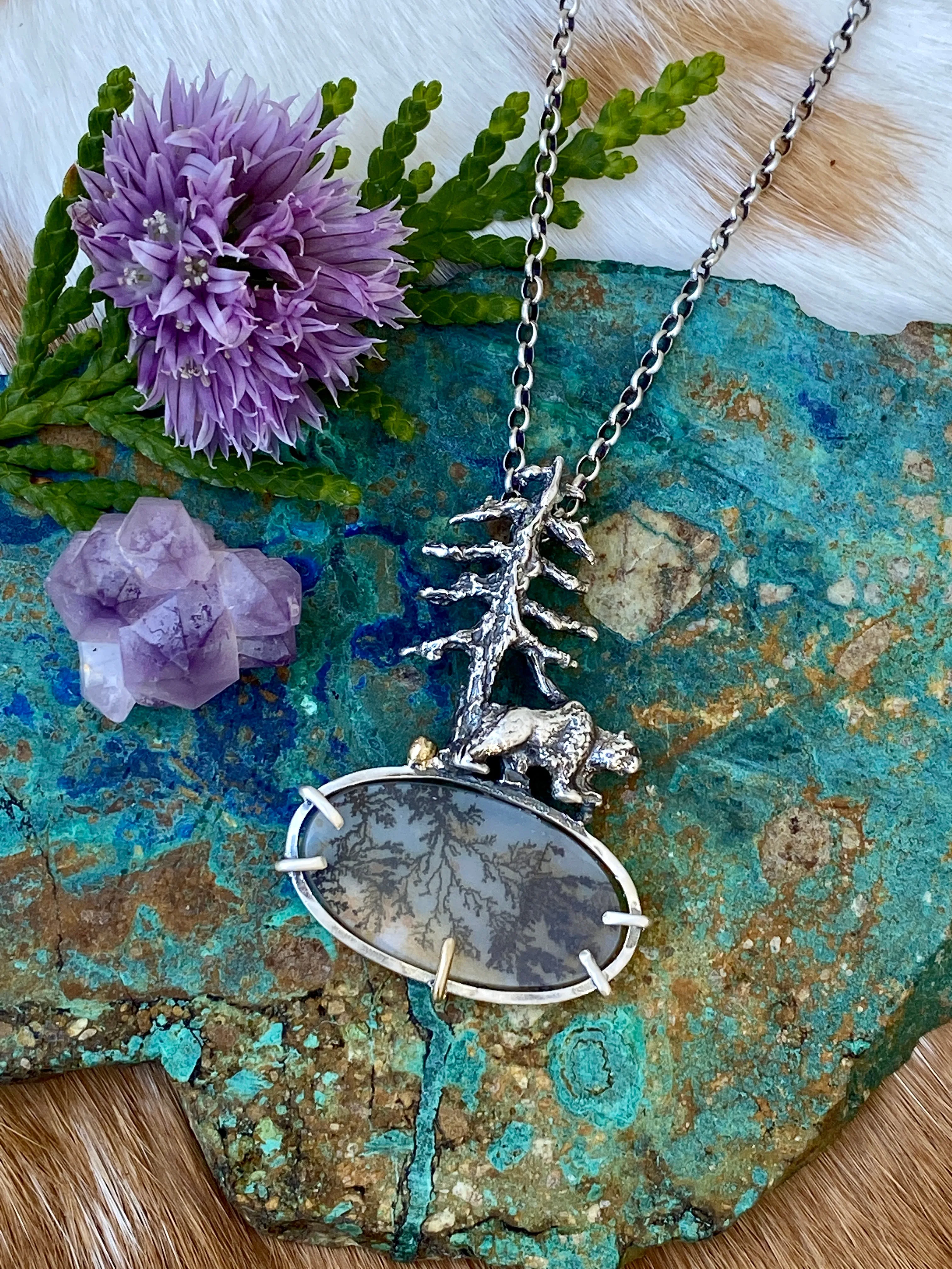 Spruce Pine and Bear II sterling silver necklace