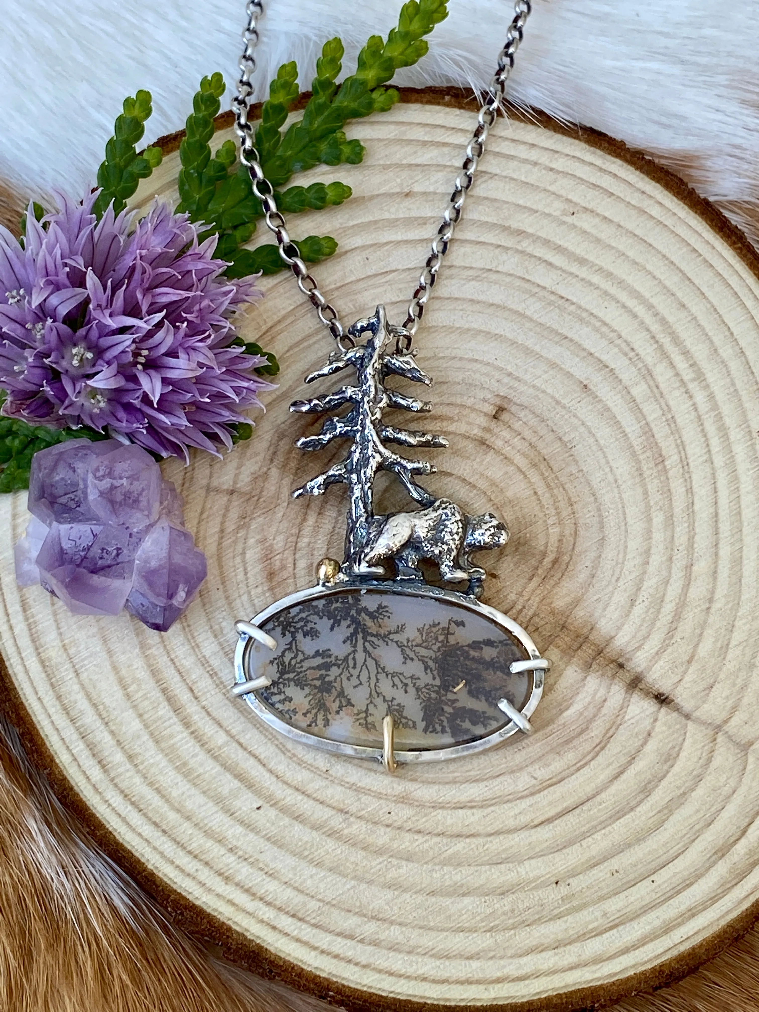 Spruce Pine and Bear II sterling silver necklace