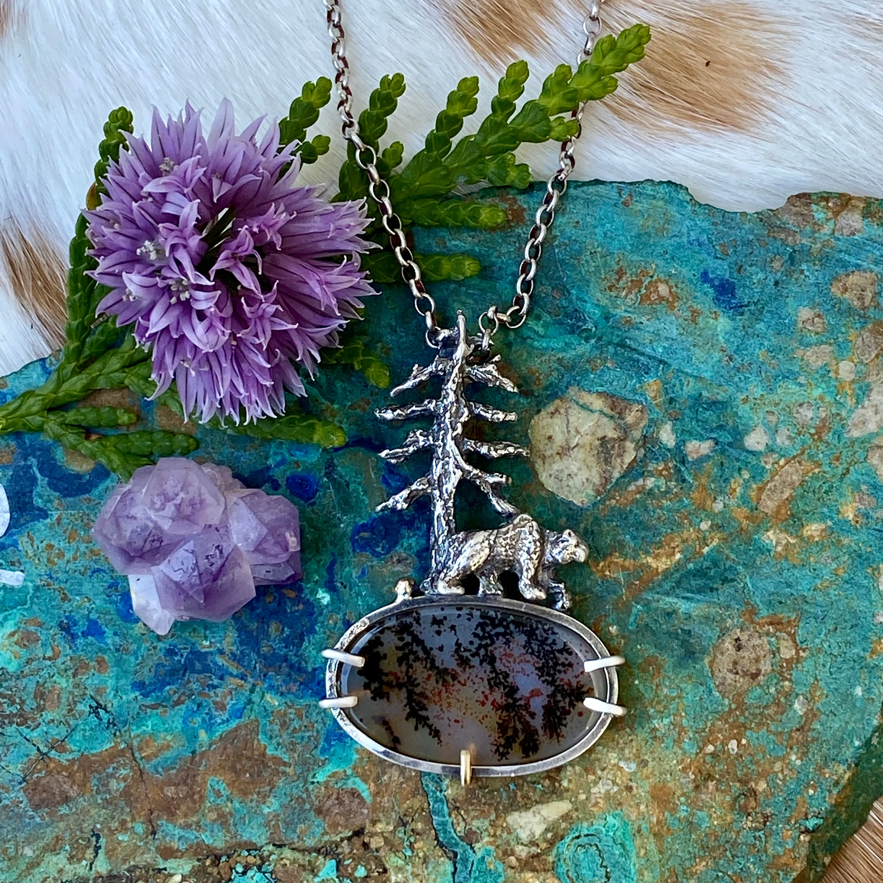 Spruce Pine and Bear sterling silver necklace