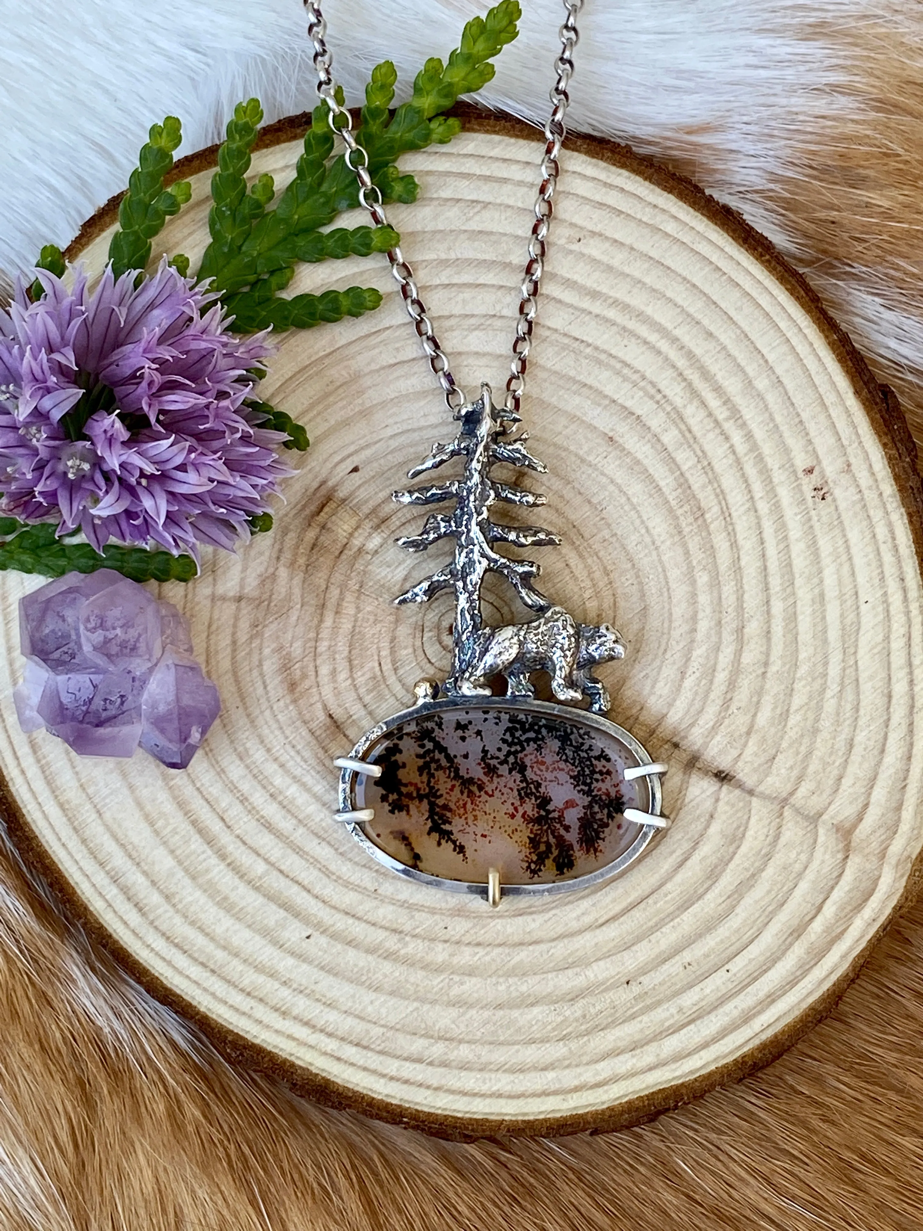 Spruce Pine and Bear sterling silver necklace