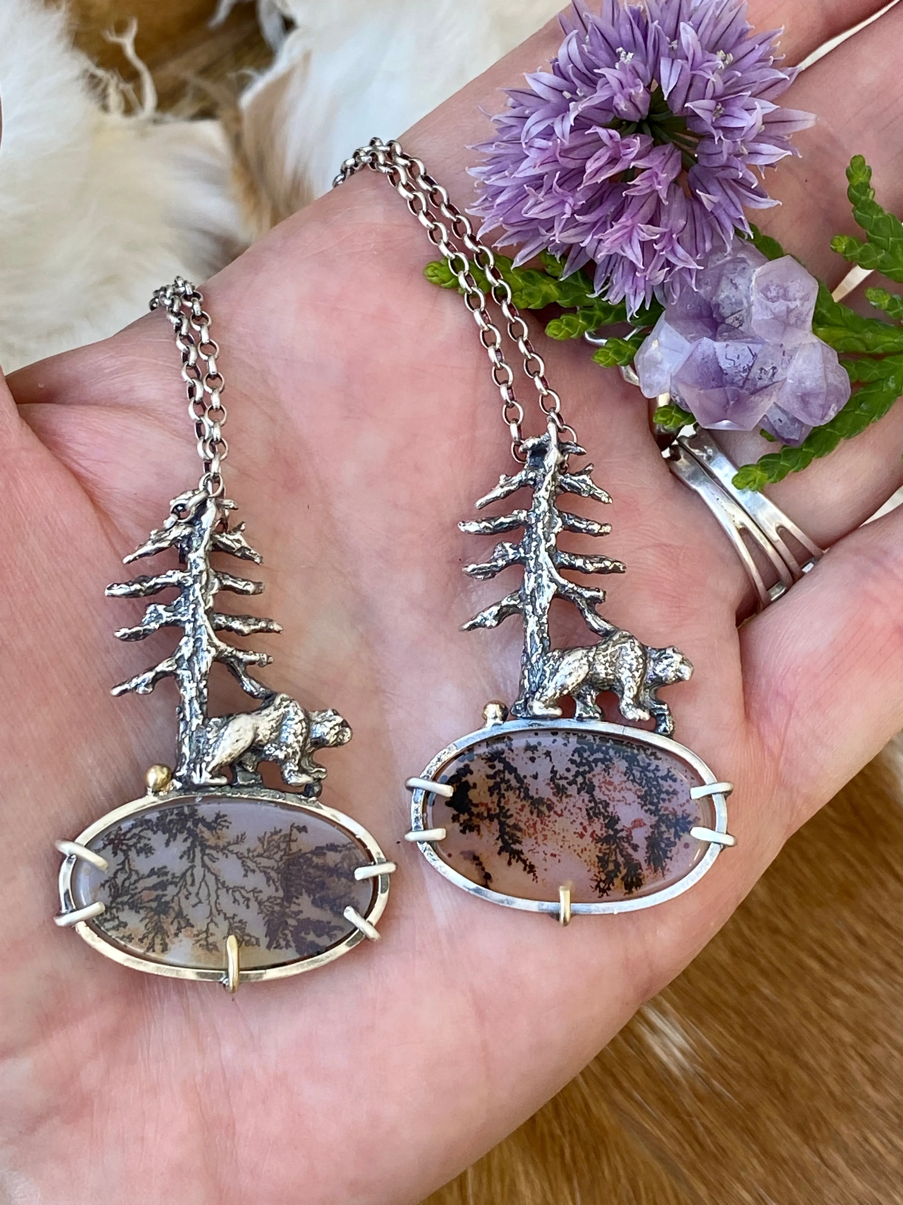 Spruce Pine and Bear sterling silver necklace