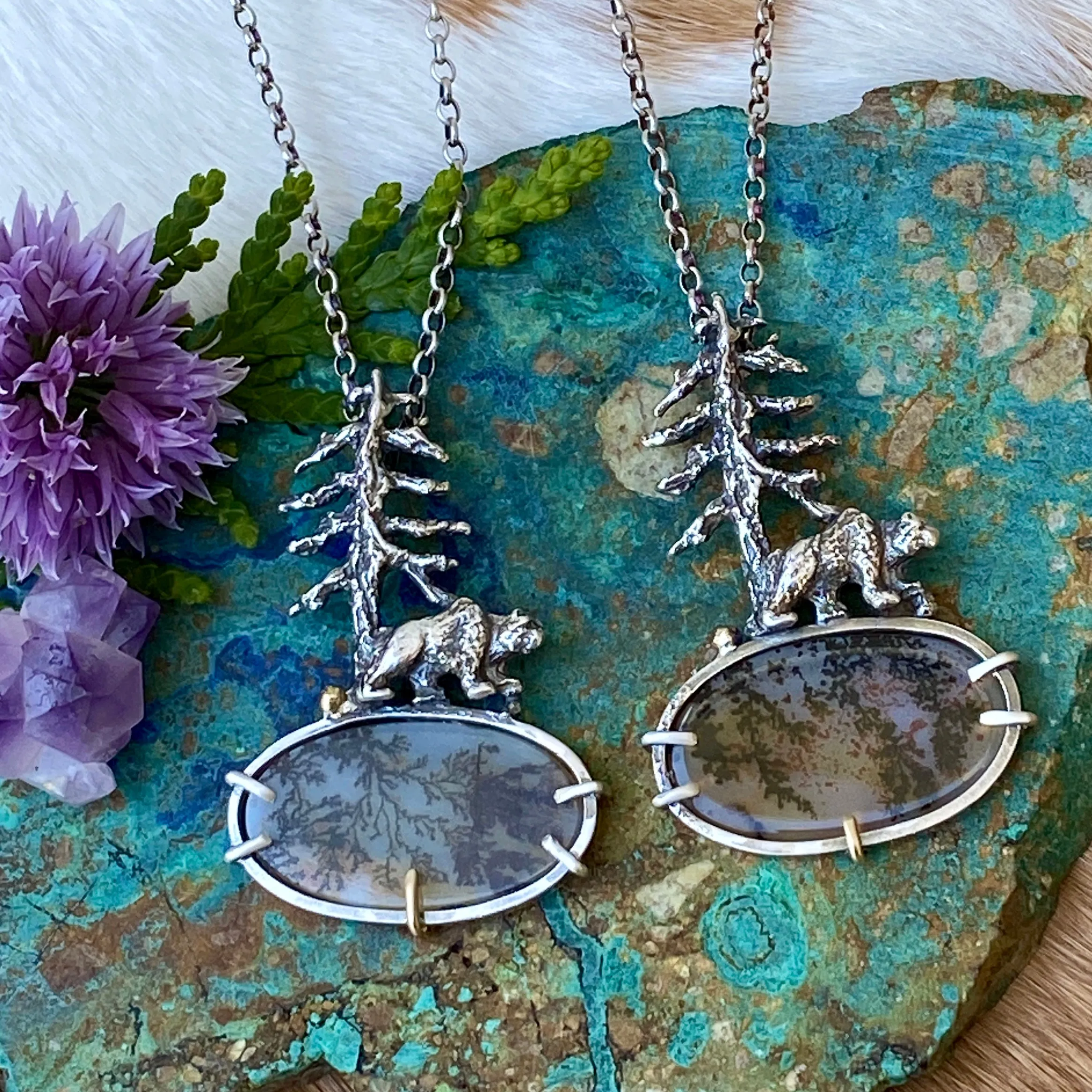 Spruce Pine and Bear sterling silver necklace