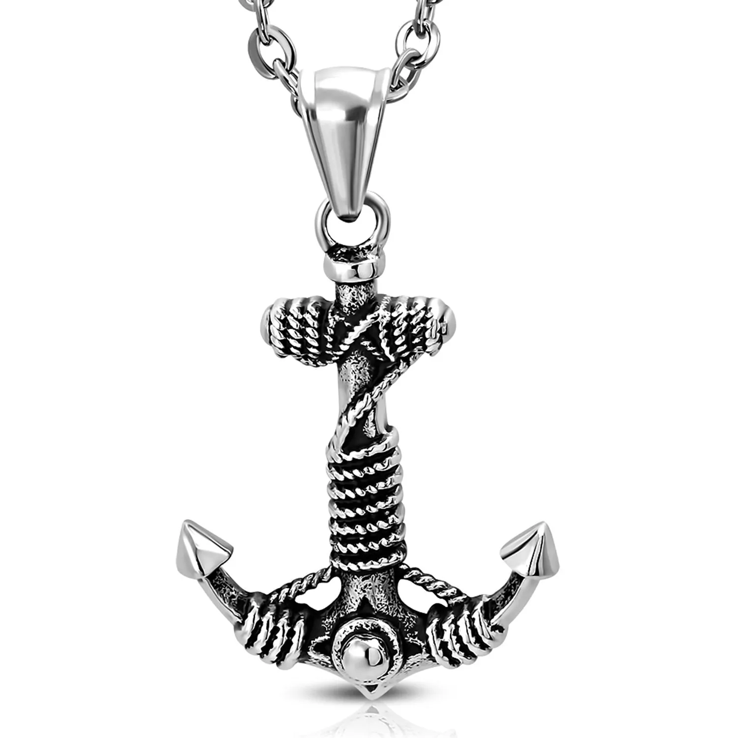 Stainless Steel Antique Vintage Two-Tone Nautical Marine Rope Anchor Pendant Necklace