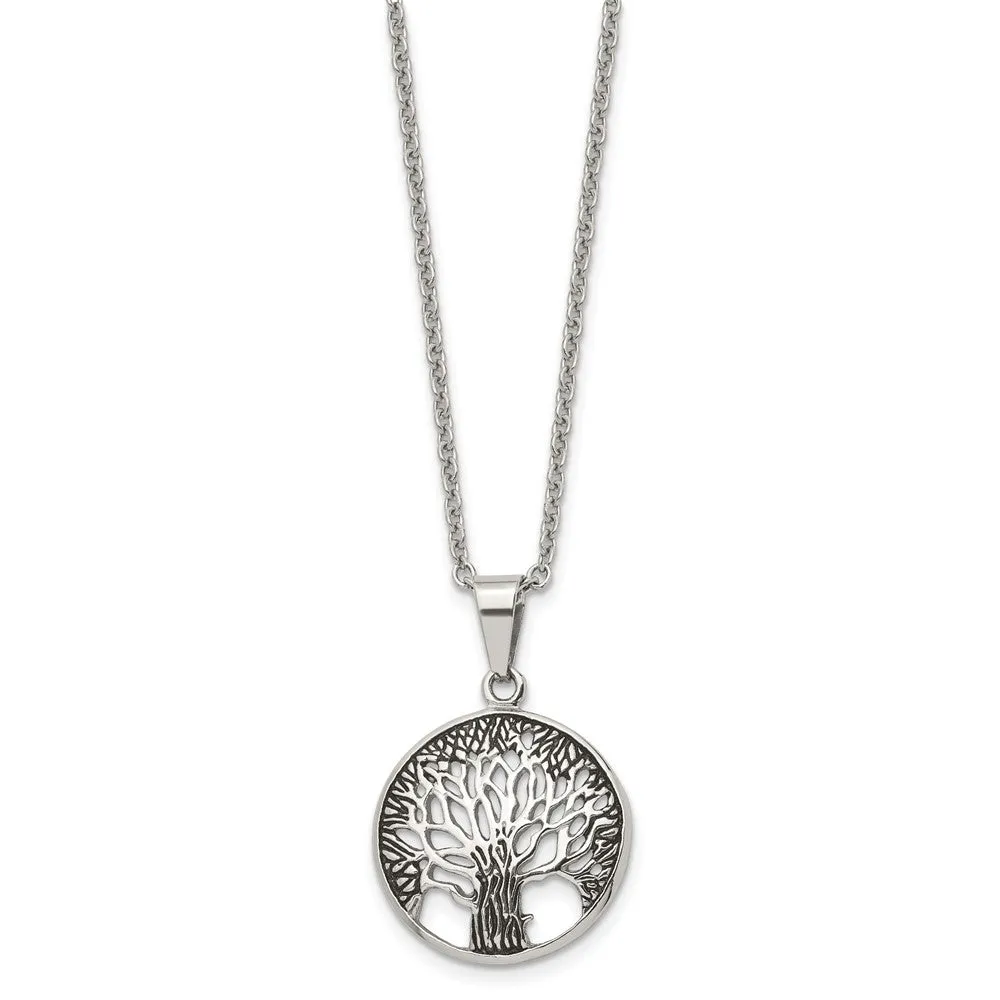 Stainless Steel Antiqued and Polished Tree of Life 20in Necklace