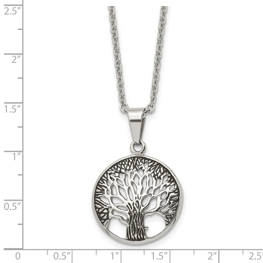Stainless Steel Antiqued and Polished Tree of Life 20in Necklace