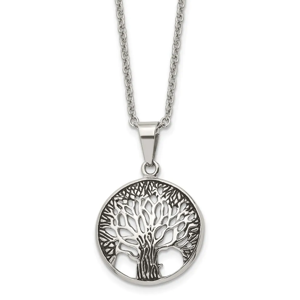 Stainless Steel Antiqued and Polished Tree of Life 20in Necklace