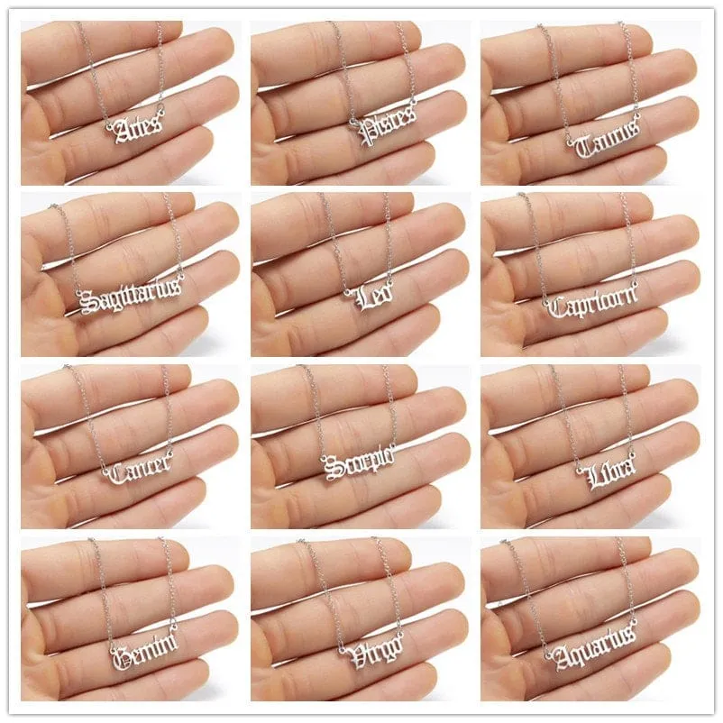 Stainless Steel Constellation Zodiac Astrology Letter Pendant Necklace