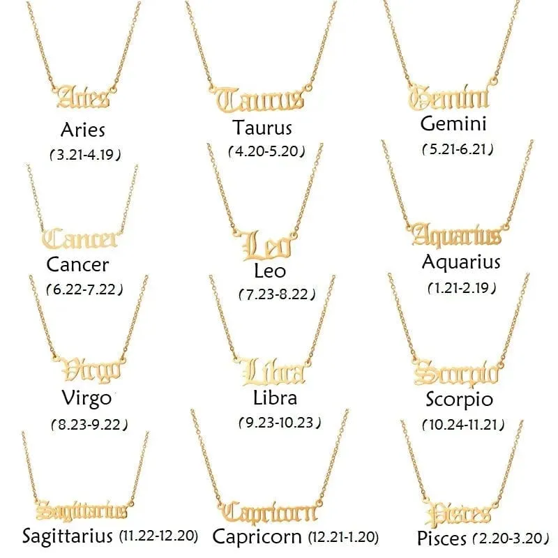 Stainless Steel Constellation Zodiac Astrology Letter Pendant Necklace