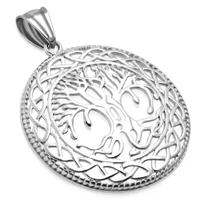 Stainless Steel Cut-Out Bodhi Tree of Life Celtic Knot Medallion Round Circle Pendant Necklace