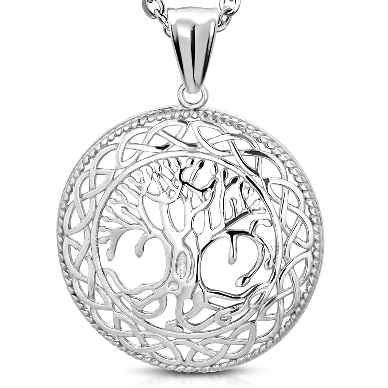 Stainless Steel Cut-Out Bodhi Tree of Life Celtic Knot Medallion Round Circle Pendant Necklace