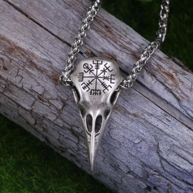 Stainless Steel Helm of Awe Raven Skull Viking Amulet