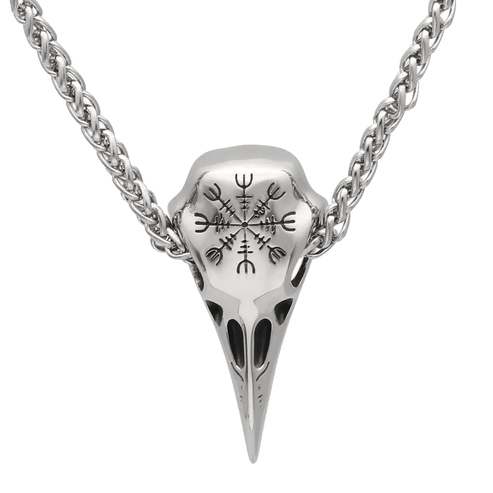 Stainless Steel Helm of Awe Raven Skull Viking Amulet