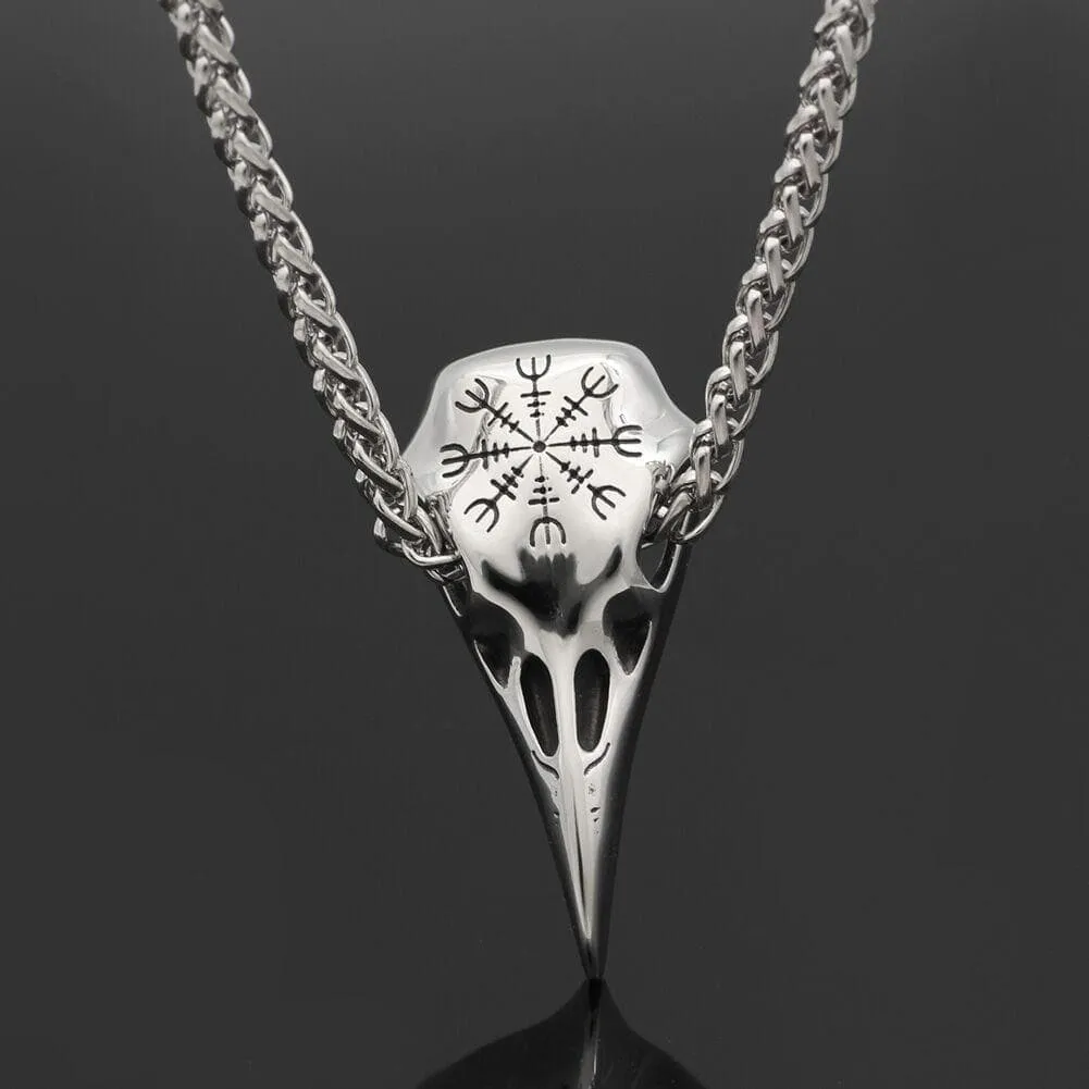 Stainless Steel Helm of Awe Raven Skull Viking Amulet