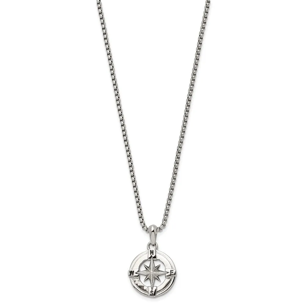 Stainless Steel Polished Compass 22in Necklace