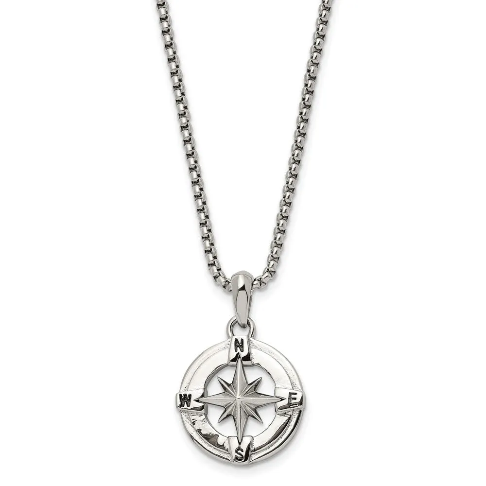 Stainless Steel Polished Compass 22in Necklace