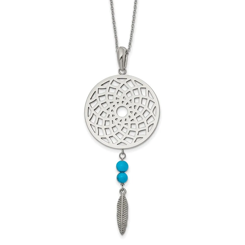 Stainless Steel Polished Imit.Turquoise Dreamcatcher w/2in ext Necklace
