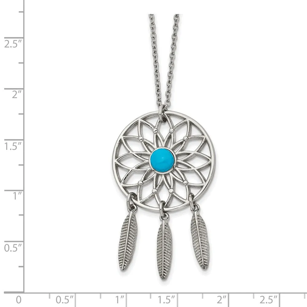 Stainless Steel Polished w/Imit.Turquoise DreamCatcher w/2in ext. Necklace