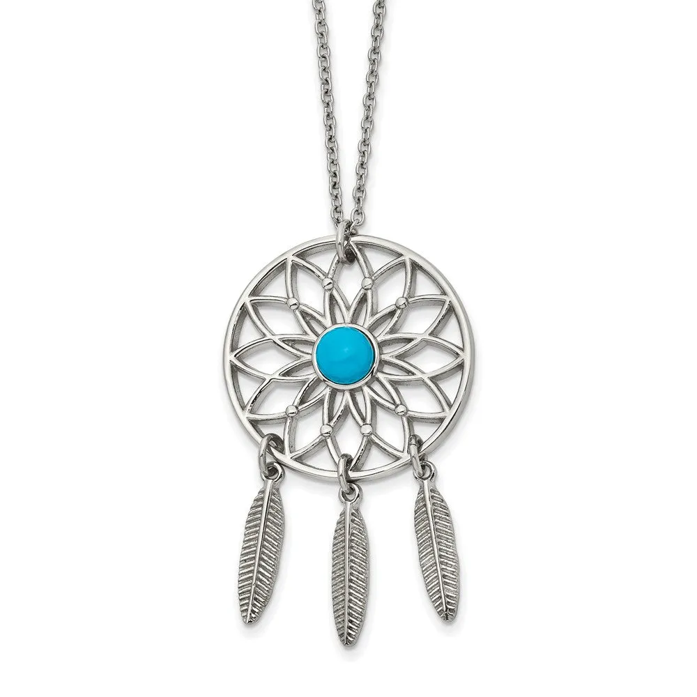 Stainless Steel Polished w/Imit.Turquoise DreamCatcher w/2in ext. Necklace
