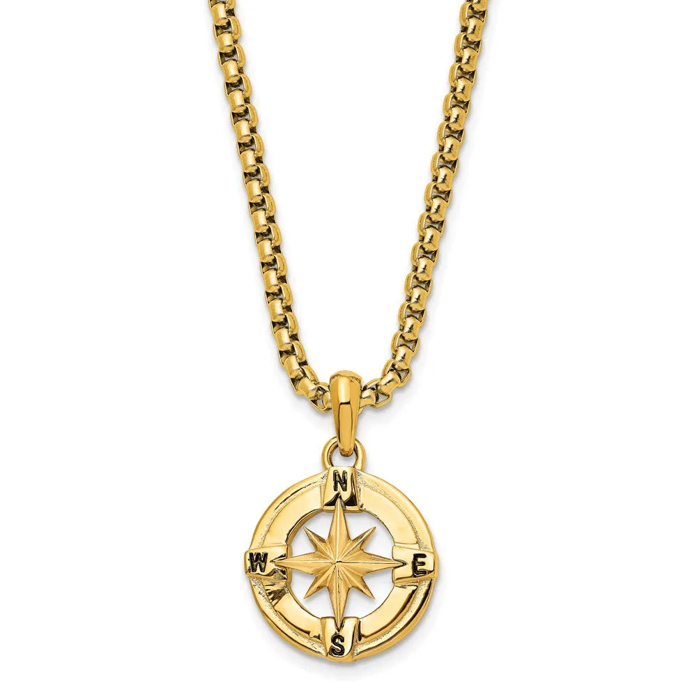 Stainless Steel Polished Yellow IP-plated Compass 22in Necklace