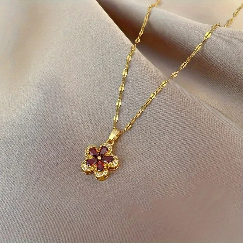 Stainless Steel Red Flower Necklace Clavicle Chain