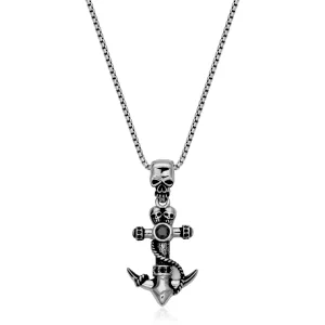 Steelx Stainless Steel Black CZ Skull Anchor Necklace 24"