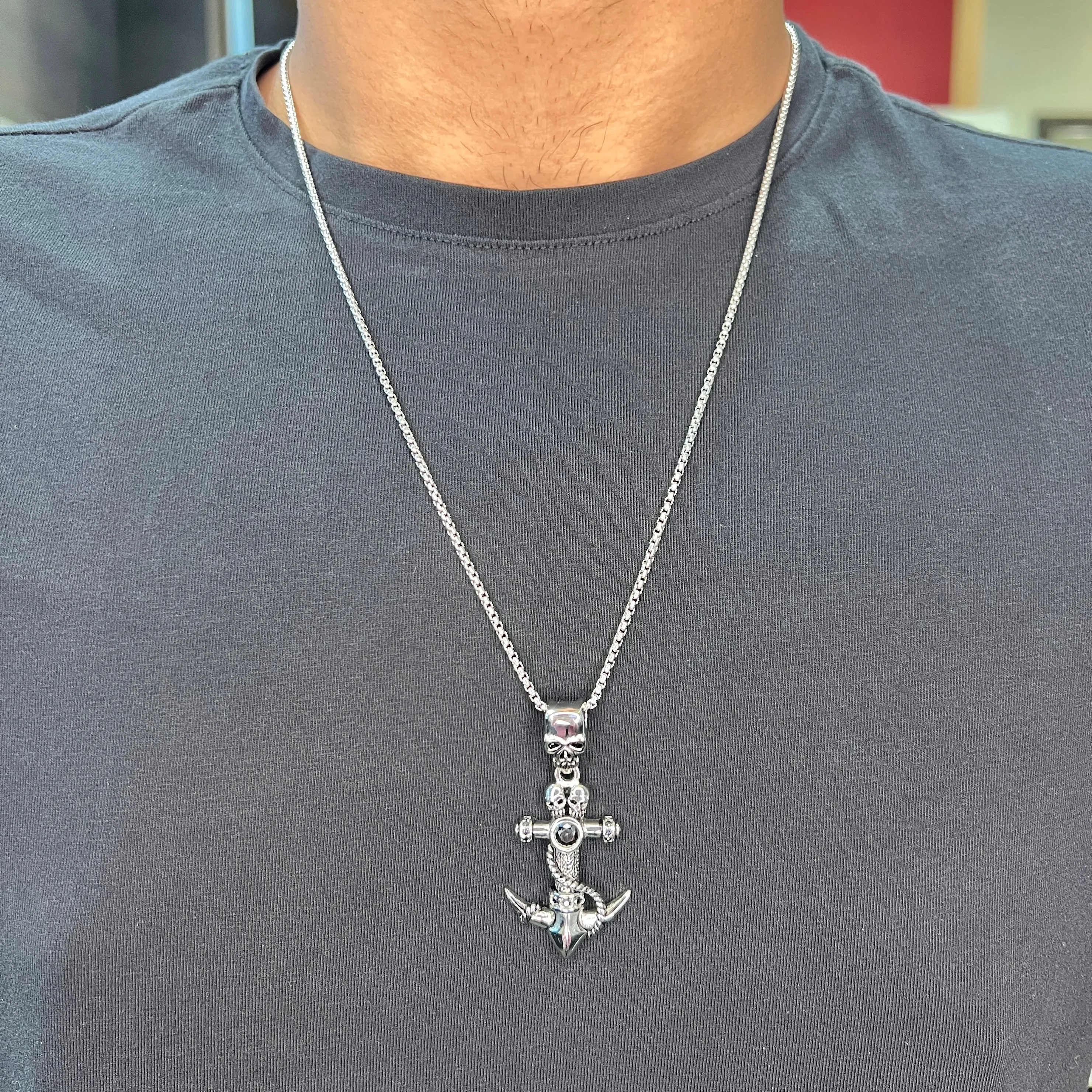 Steelx Stainless Steel Black CZ Skull Anchor Necklace 24"