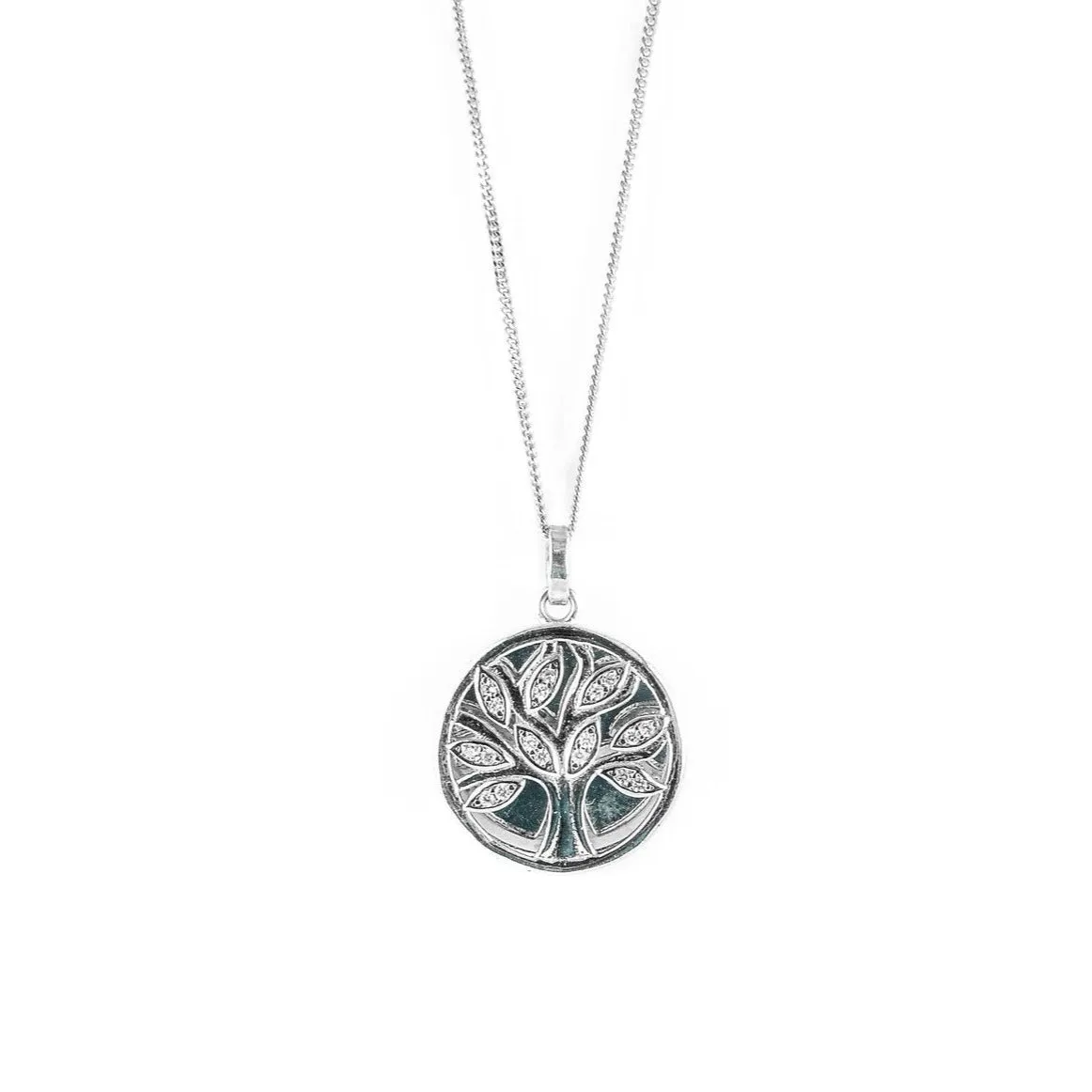 Sterling Silver & Cubic Zirconia Tree of Life Disc Pendant Necklace
