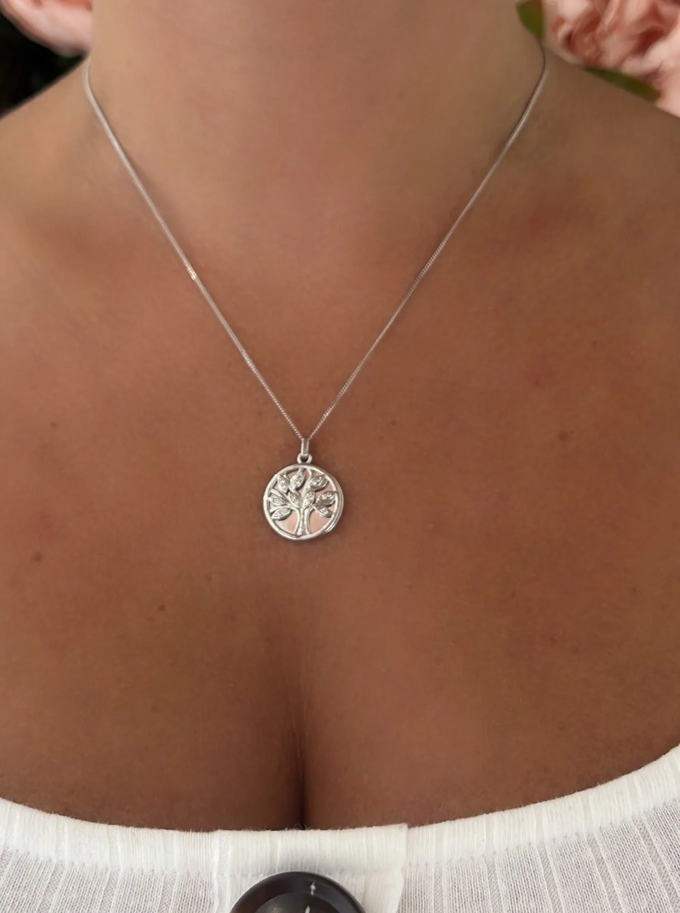Sterling Silver & Cubic Zirconia Tree of Life Disc Pendant Necklace