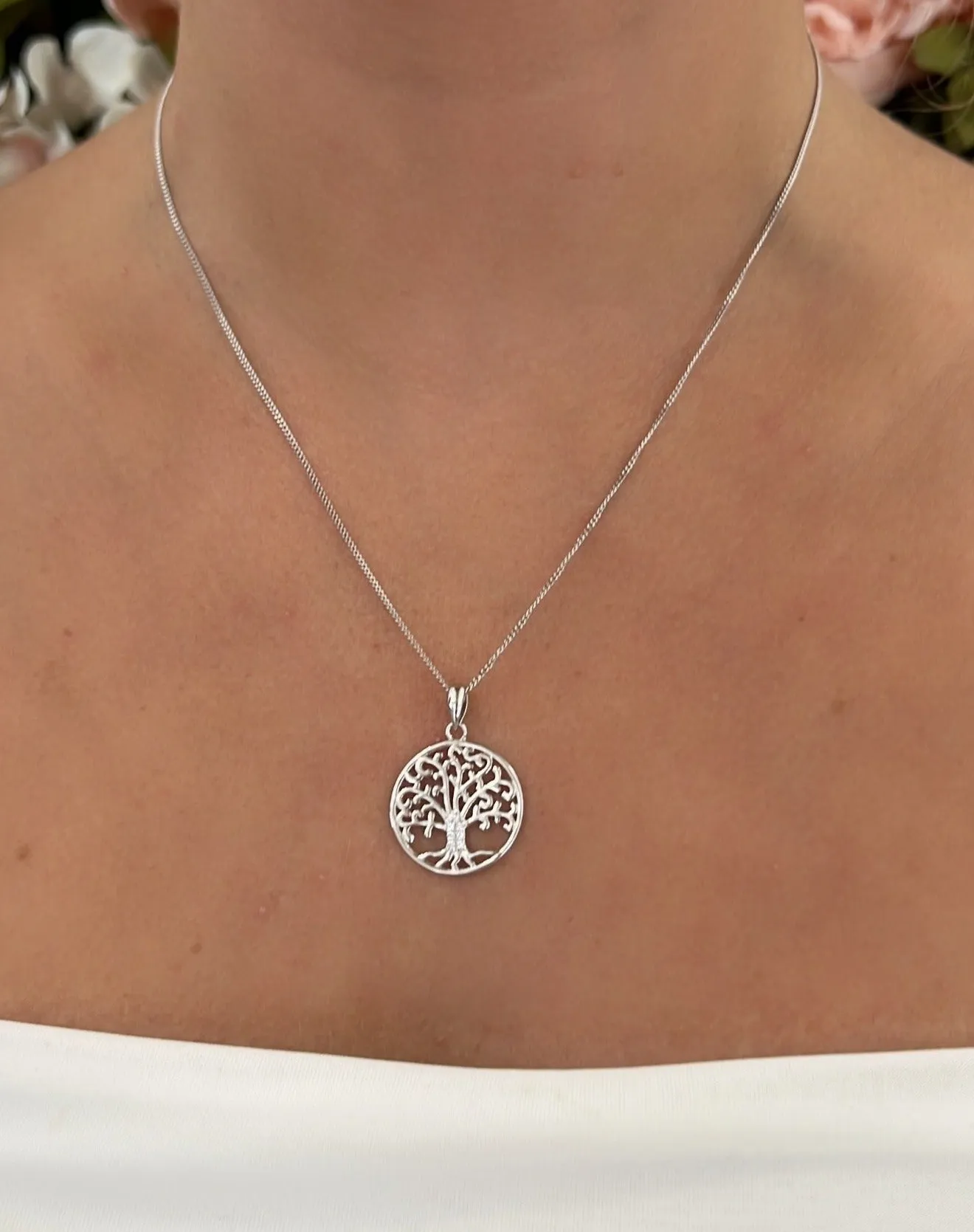 Sterling Silver & Cubic Zirconia Tree of Life Family Pendant Necklace