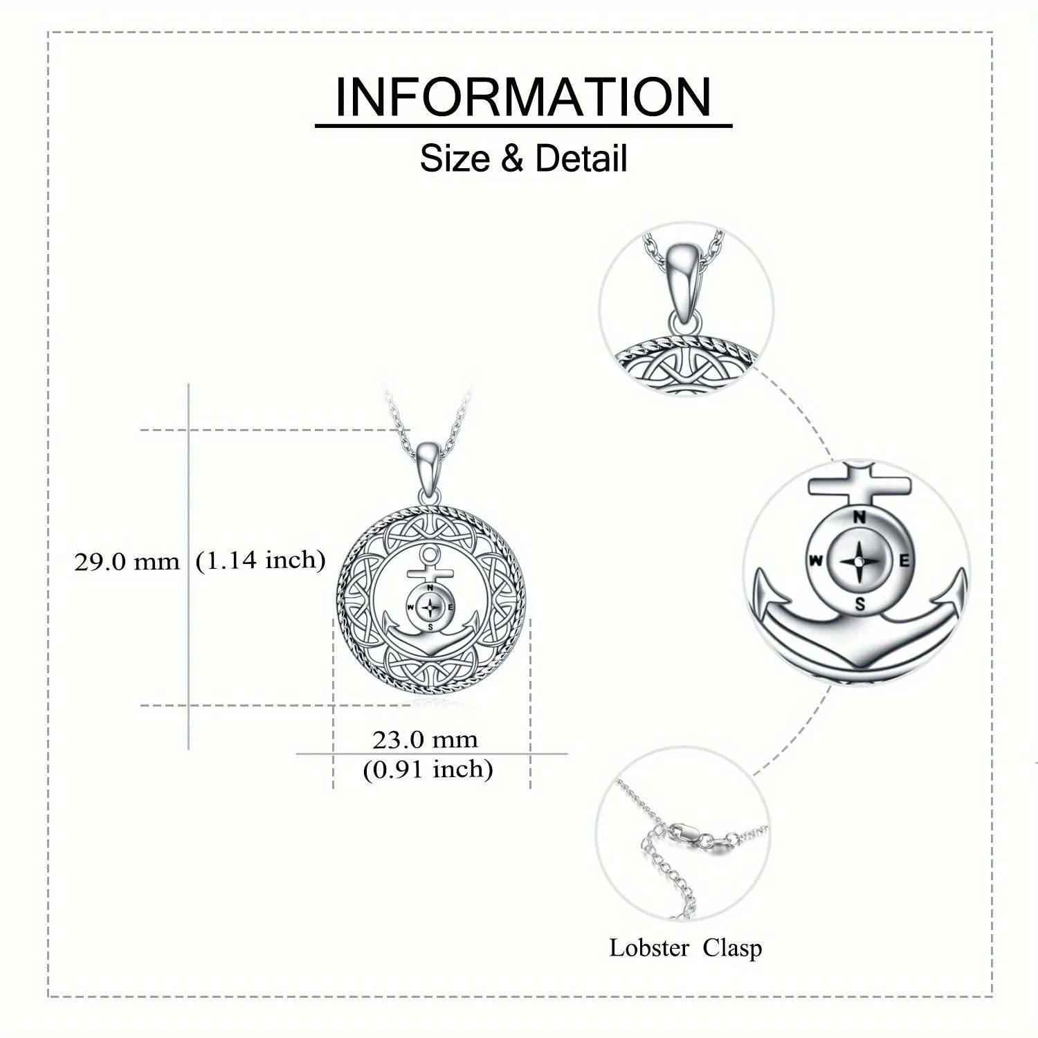 Sterling Silver Anchor Pendant Compass Necklace Celtic Jewelry