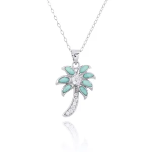 Sterling Silver and Larimar Palm Tree CZ Pendant Necklace