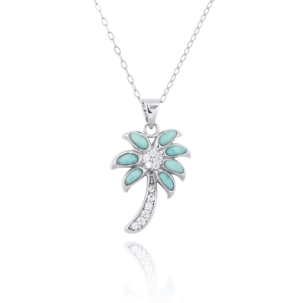 Sterling Silver and Larimar Palm Tree CZ Pendant Necklace