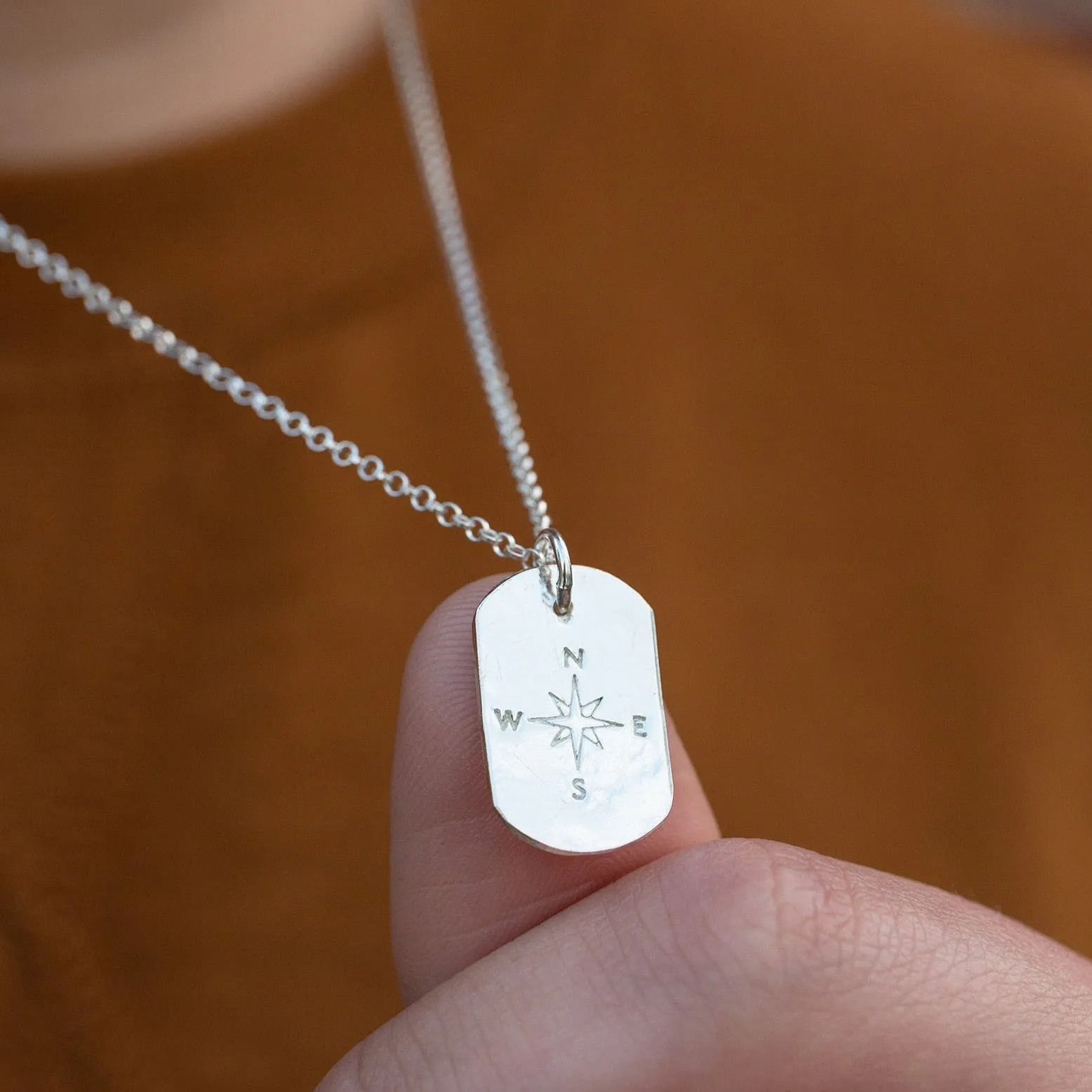 Sterling Silver Compass Dog Tag Pendant