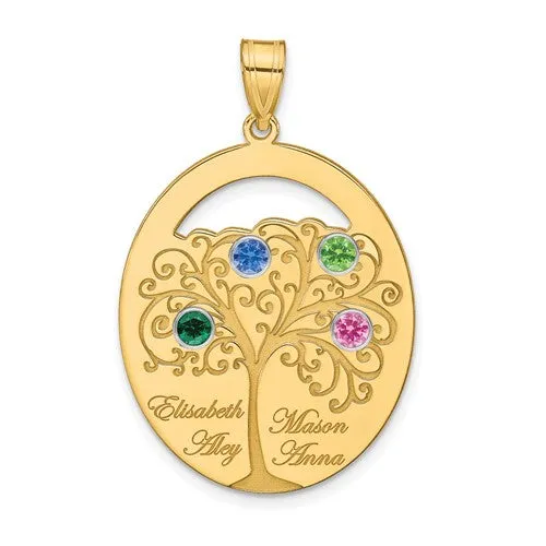 Sterling Silver Engraved Names Oval Family Birthstone Tree Pendant