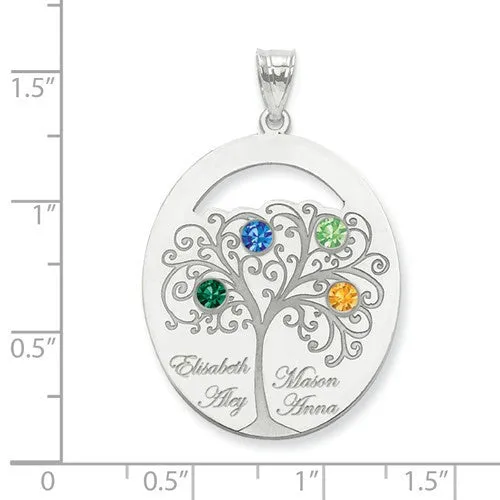 Sterling Silver Engraved Names Oval Family Birthstone Tree Pendant