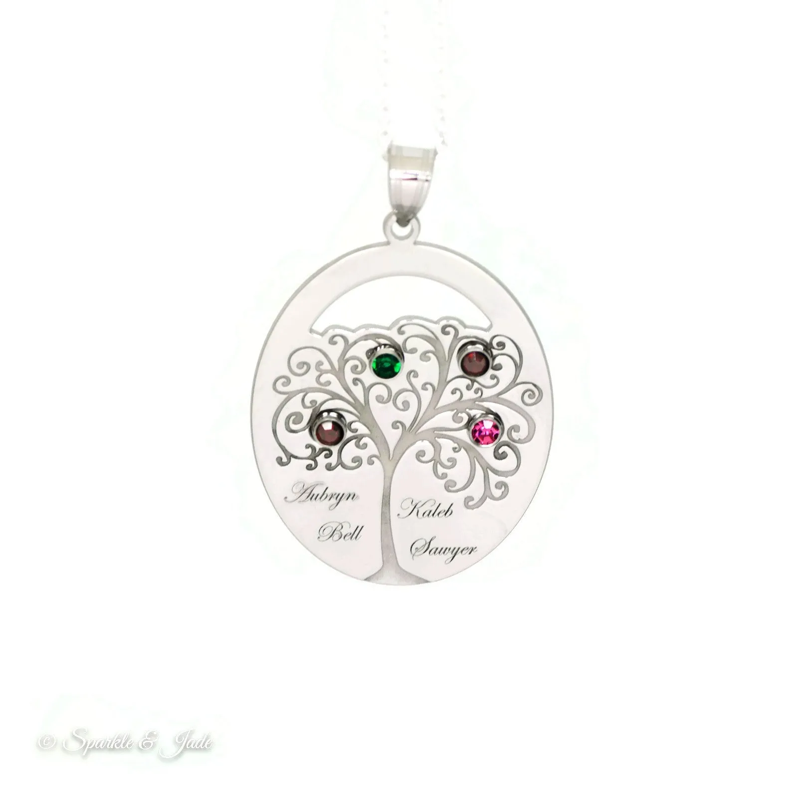 Sterling Silver Engraved Names Oval Family Birthstone Tree Pendant