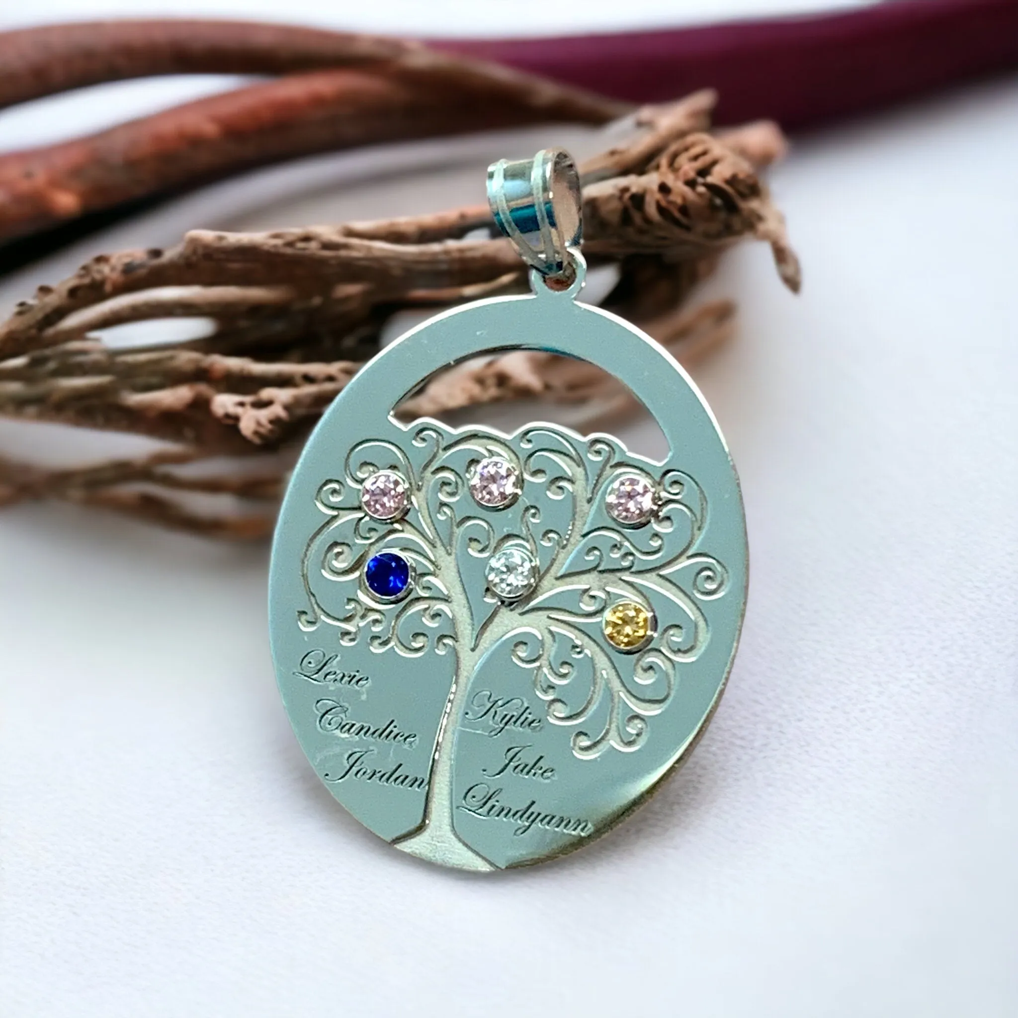 Sterling Silver Engraved Names Oval Family Birthstone Tree Pendant