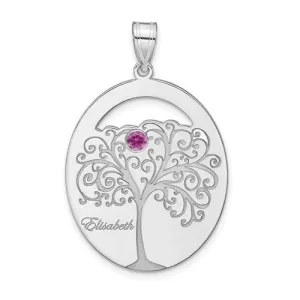Sterling Silver Engraved Names Oval Family Birthstone Tree Pendant