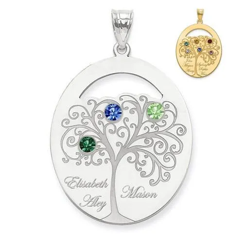 Sterling Silver Engraved Names Oval Family Birthstone Tree Pendant