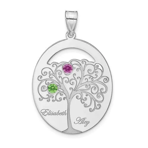 Sterling Silver Engraved Names Oval Family Birthstone Tree Pendant